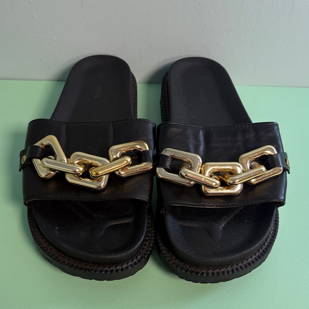 Ardene Black with Gold Color Chain Sandal, Woman Size 10 Shoes, Black Slides